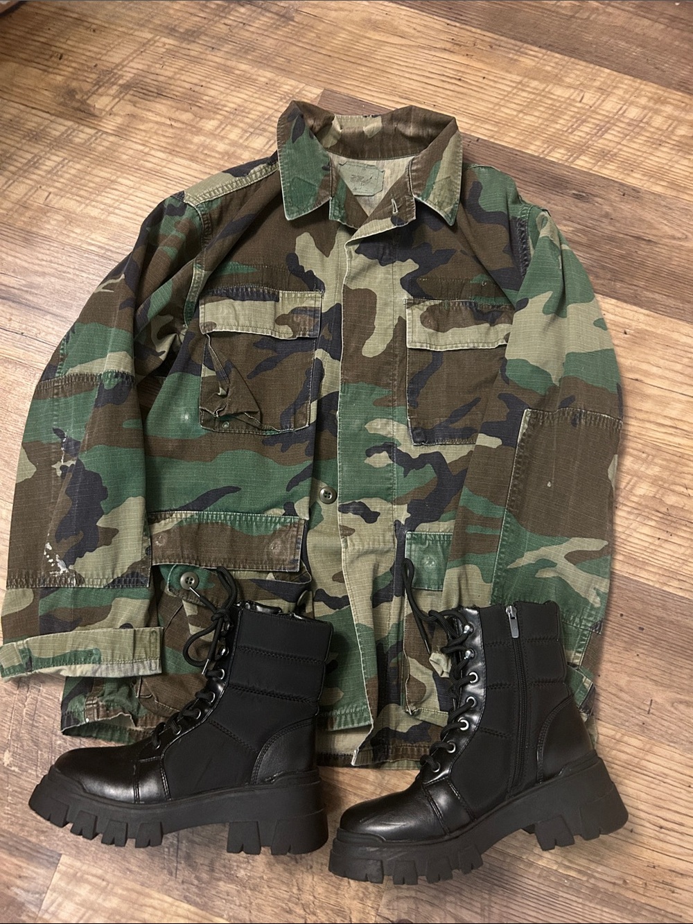 Camo Field Jacket - Green Woodland and Marc fisher boots 6.5